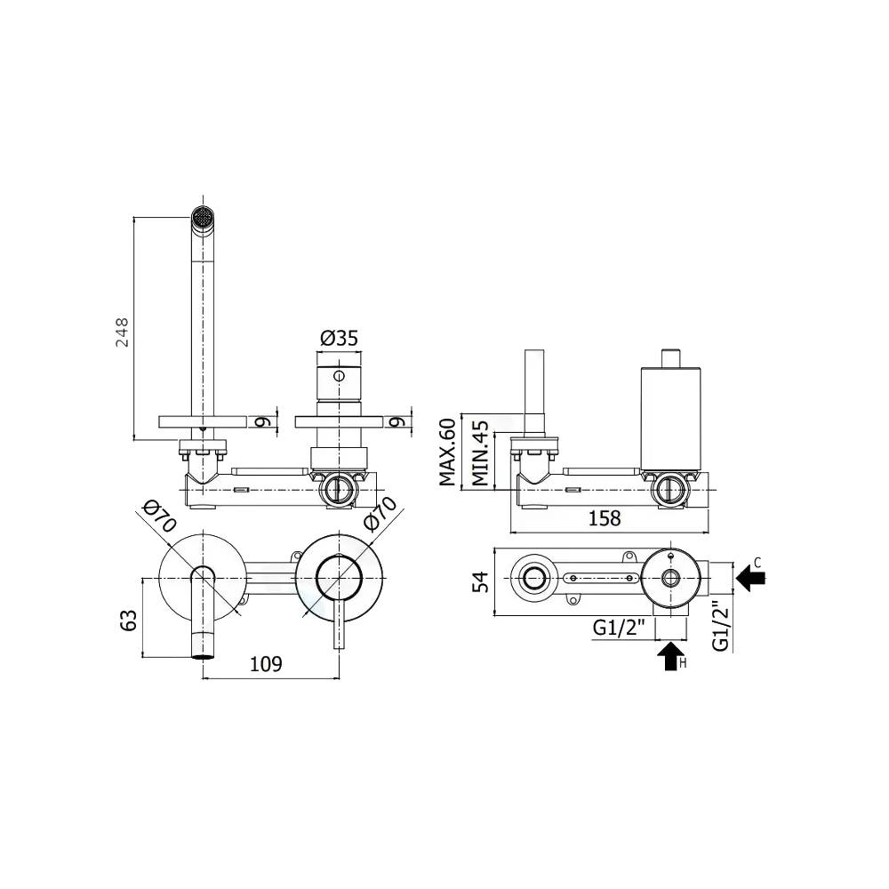 Miscelatore ad incasso per lavabo a 2 fori serie Stick modello SK106ST70 steel looking Paffoni