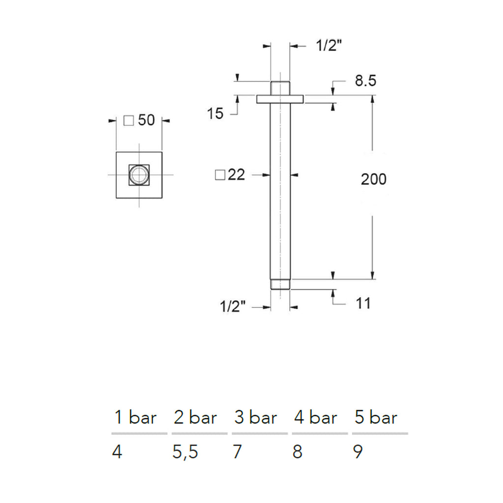 Braccio doccia quadro a soffitto 20cm serie TriaSix in acciaio 316 spazzolato