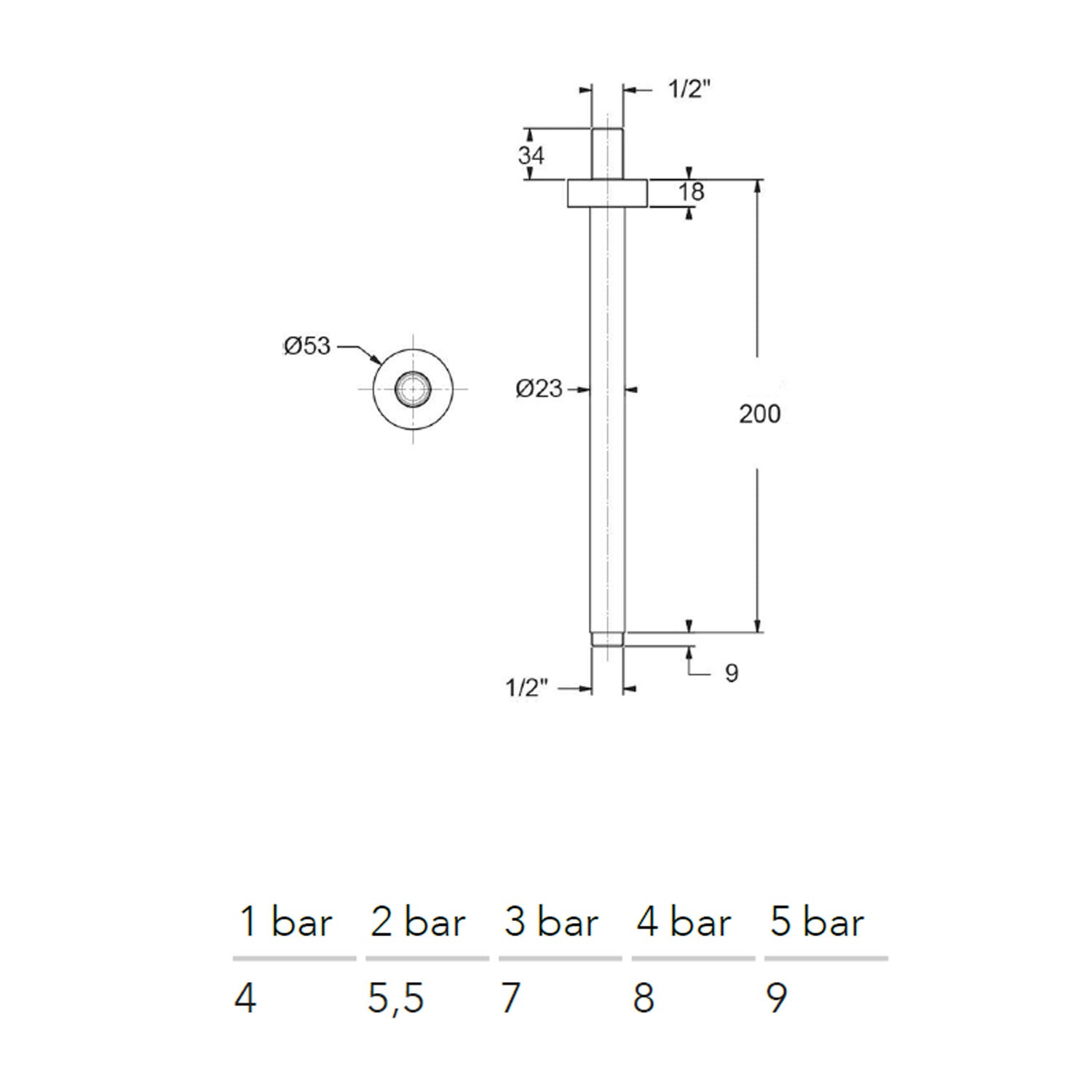 Braccio doccia tondo a soffitto 20 cm serie TriaSix in acciaio 316 spazzolato