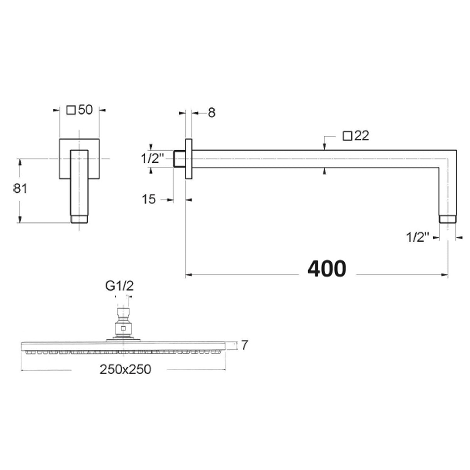 Kit doccia quadro serie TriaSix in acciaio 316 spazzolato