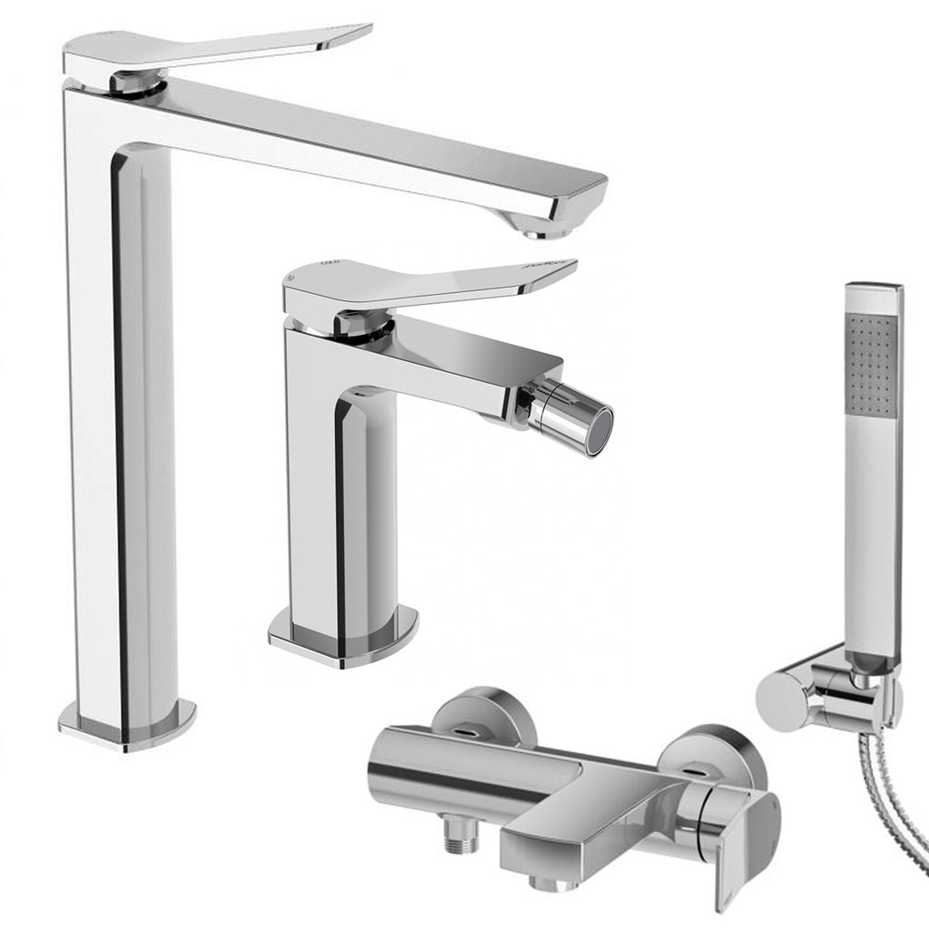 Set miscelatori lavabo alto bidet e vasca con doccino in ottone modello Tilt Paffoni cromato