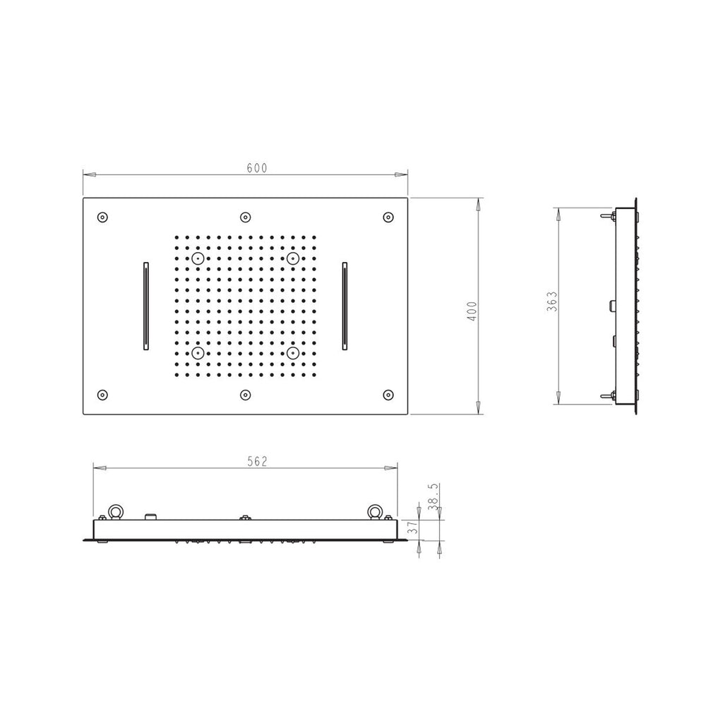 Soffione Sky 60x40cm in acciaio con anticalcare e 3 getti nero