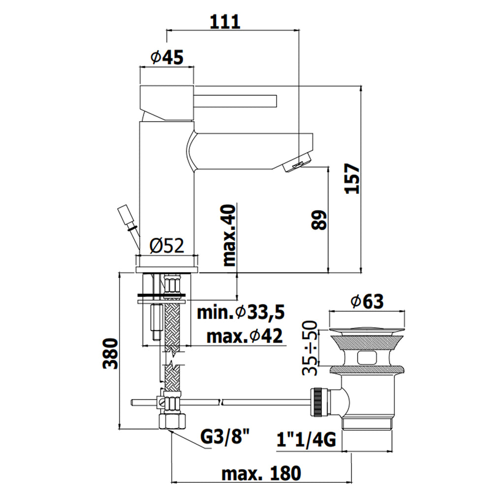 Miscelatore lavabo con scarico automatico e cartuccia Energy&Water saving Paffoni Stick in ottone cromato