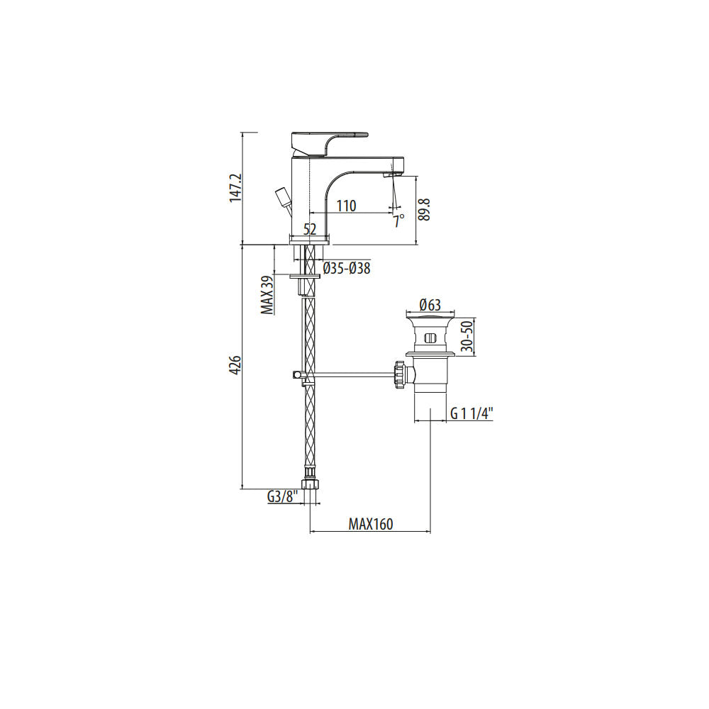Miscelatore lavabo Gattoni H20MIX1000 scarico automatico bocca 110 mm