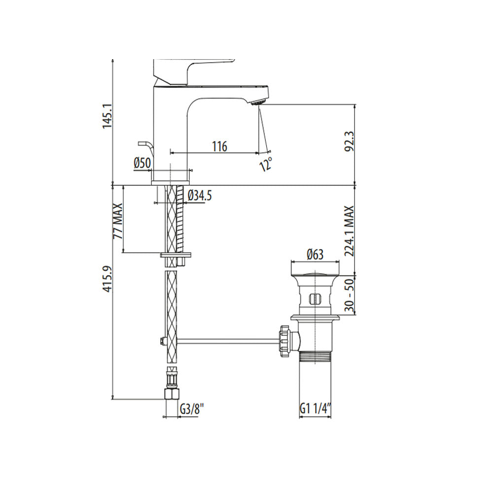 Miscelatore lavabo Gattoni H20MIX3000 con scarico automatico bocca 116 mm