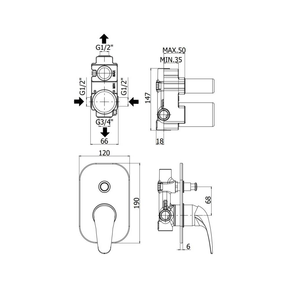 Miscelatore incasso doccia con deviatore a pulsante serie Duemila Paffoni - Cromato