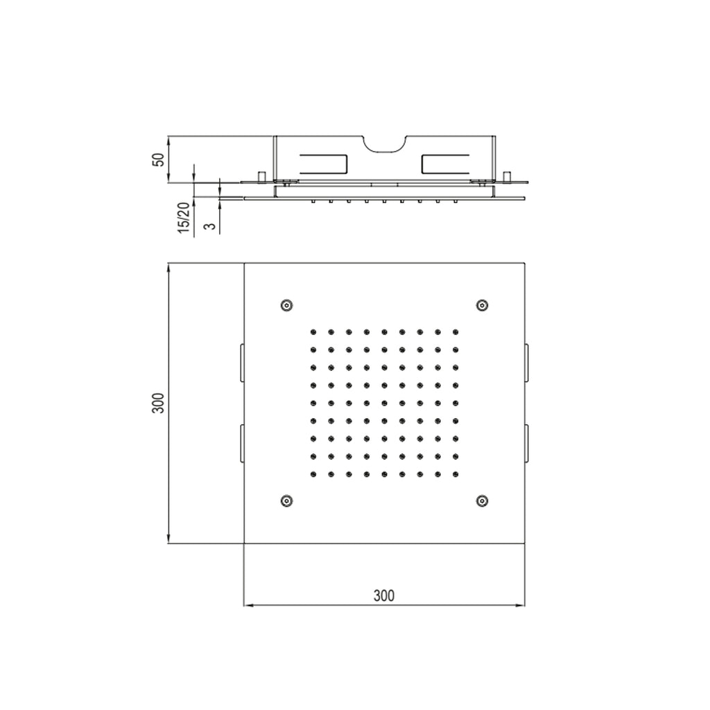 Soffione ad incasso in acciaio inox 304L spazzolato 30x30 cm modello Wellness di Tubico
