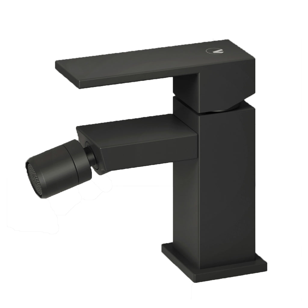 Set di miscelatori da bagno lavabo e bidet di colore nero RubiFlux Square Carbon con piletta clic clac