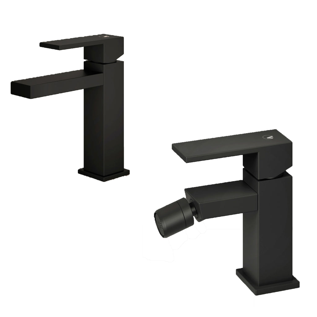 Set di miscelatori da bagno lavabo e bidet di colore nero RubiFlux Square Carbon con piletta clic clac