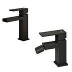 Set di miscelatori da bagno lavabo e bidet di colore nero RubiFlux Square Carbon con piletta clic clac