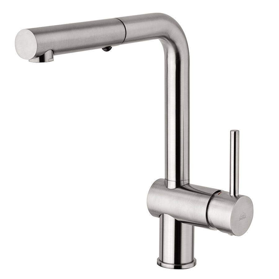 Miscelatore lavello con canna orientabile e doccia estraibile. Paffoni Light Exclusive Edition in ottone effetto acciaio