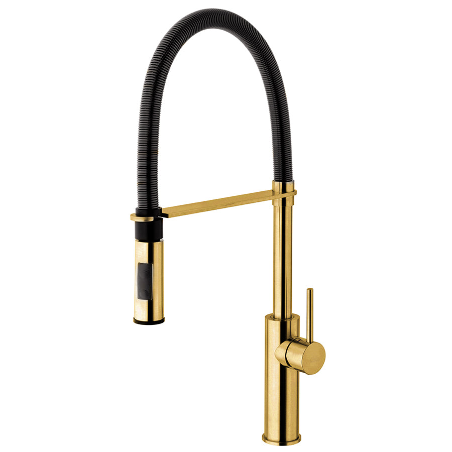 Miscelatore lavello alto in ottone con speciale rifinitura Honey Gold Spazzolato. Doccia in Abs colore Nero Opaco. Paffoni Light Exclusive Edition