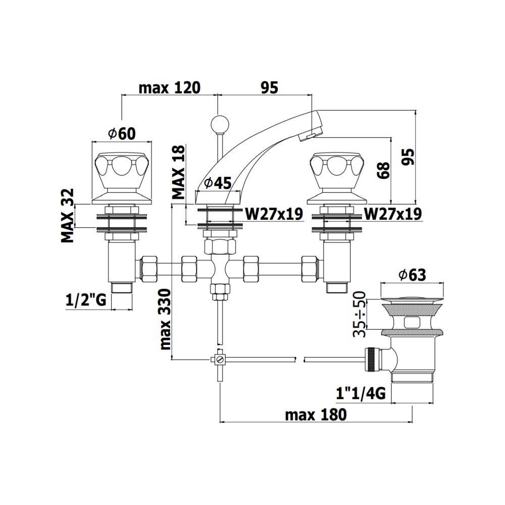 Batteria Lavabo 3 Fori serie Danubio modello DA052CR Cromo Paffoni