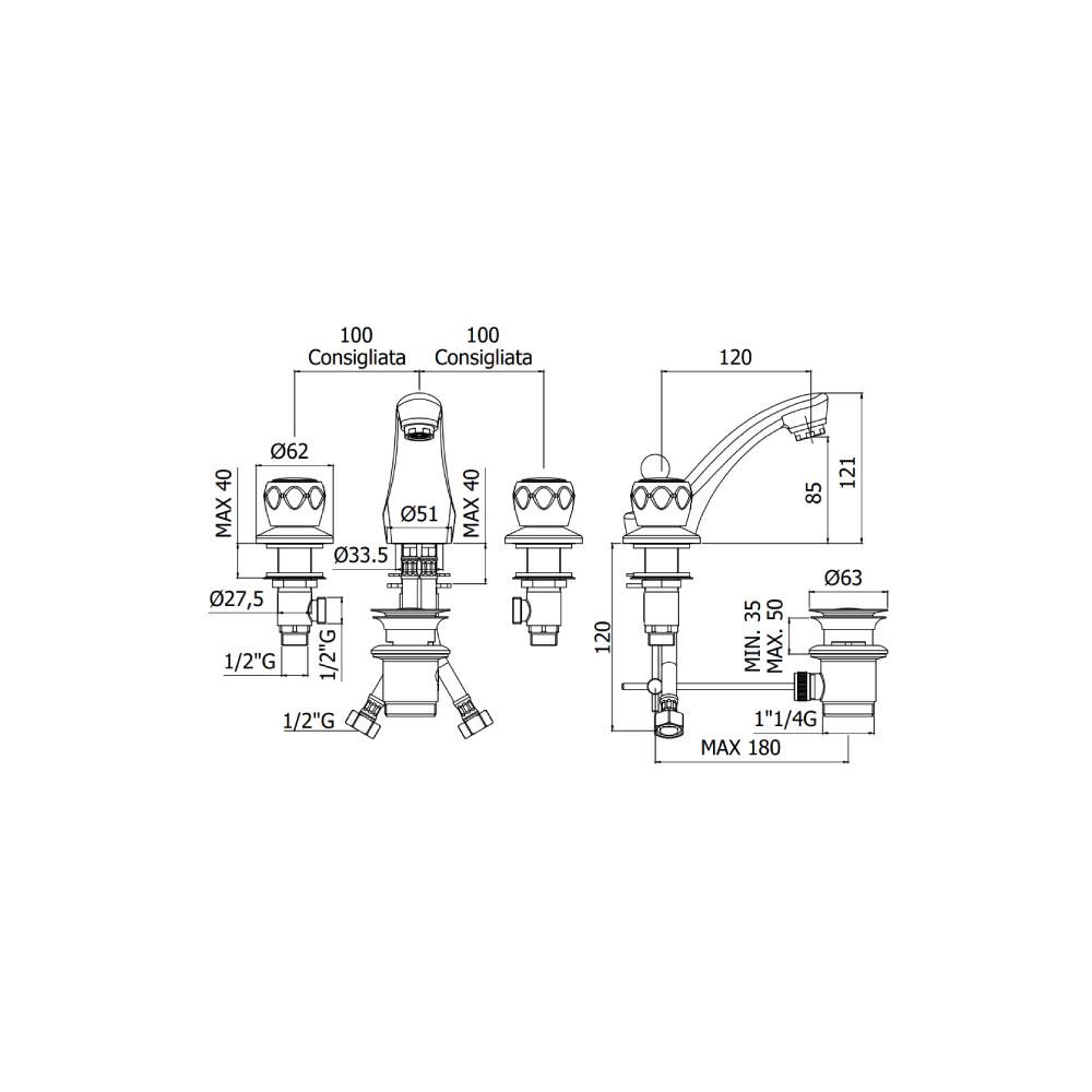 Batteria Lavabo 3 Fori serie Danubio modello DA053CR Cromo Paffoni