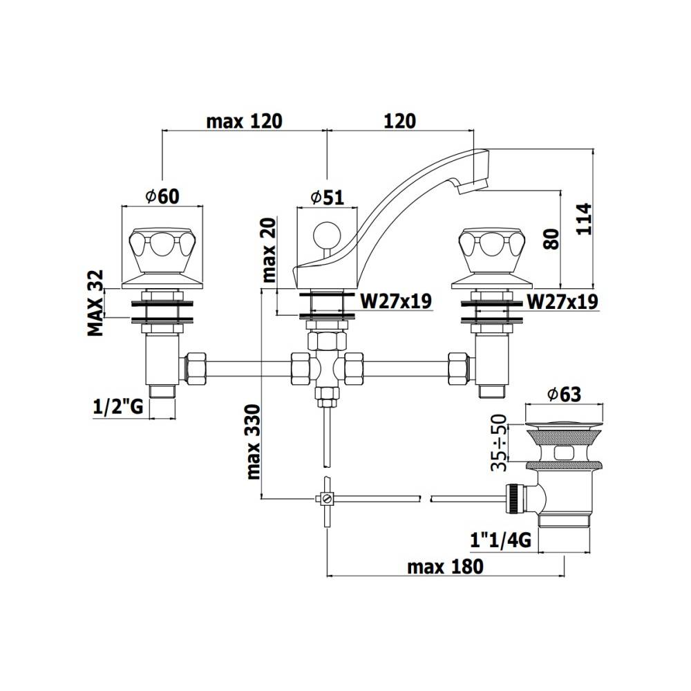 Batteria lavabo 3 Fori serie Danubio modello DA056CR Cromo Paffoni