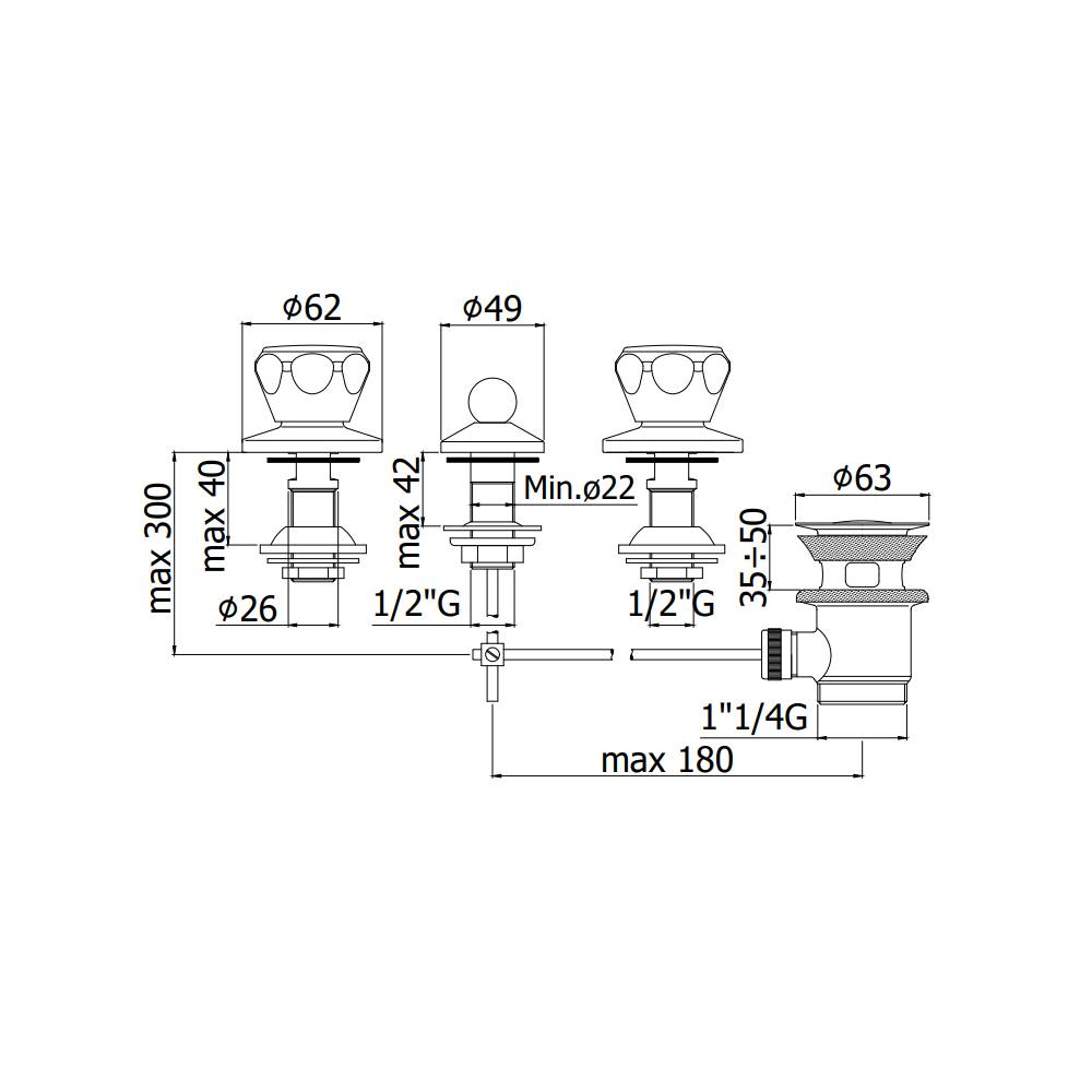 Batteria Bidet 3 Fori Con Scarico serie Danubio modello DA116CR Cromo Paffoni