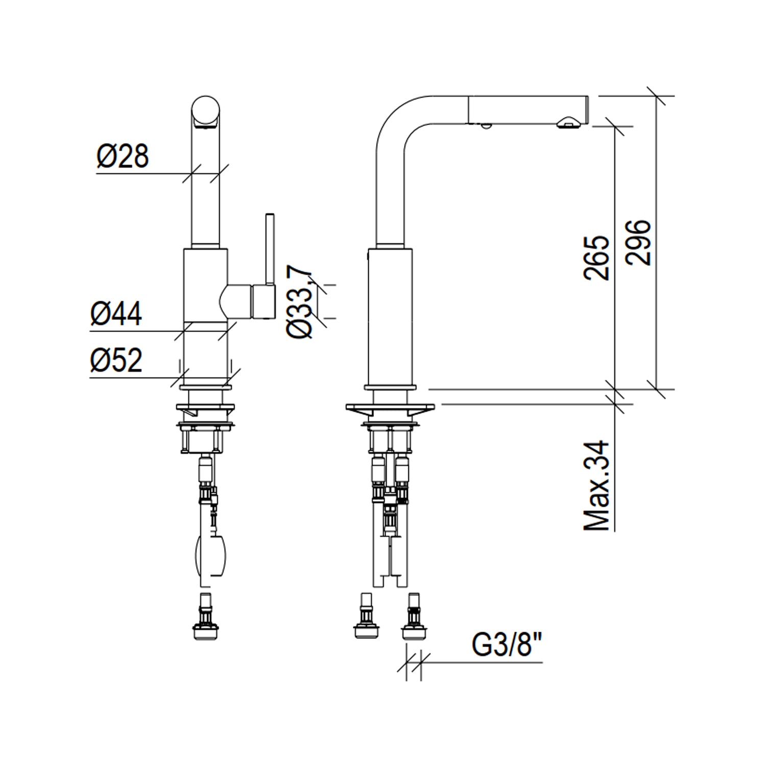 Miscelatore cucina in acciaio Inox 316L Satinato con doccetta estraibile modello Kitchen di Tubico